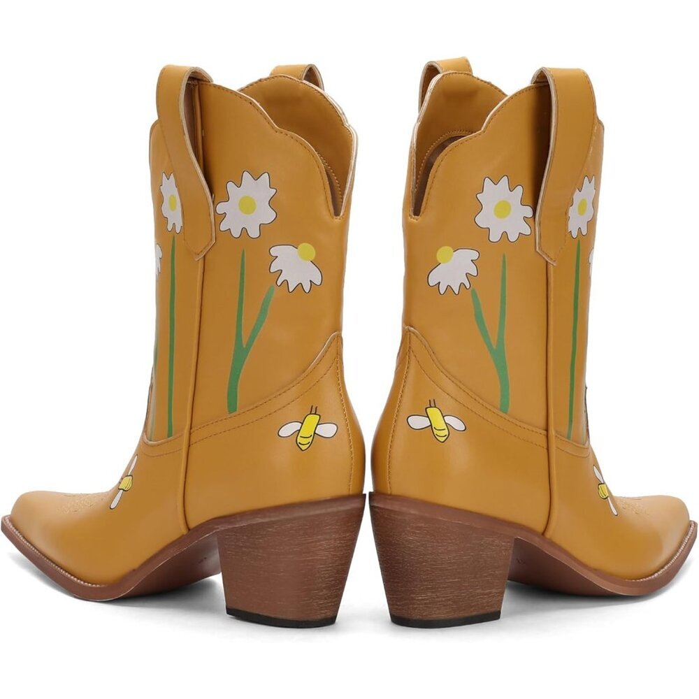 Women's Yellow Mid Calf Western Cowgirl Boots Chunky Heel Square Toe Fashion - Picture 5 of 6